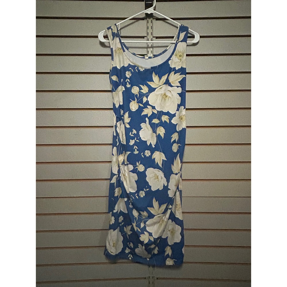 Womens Blue White Floral Ruched Side Sleeveless Bodycon Sheath Dress Size M
